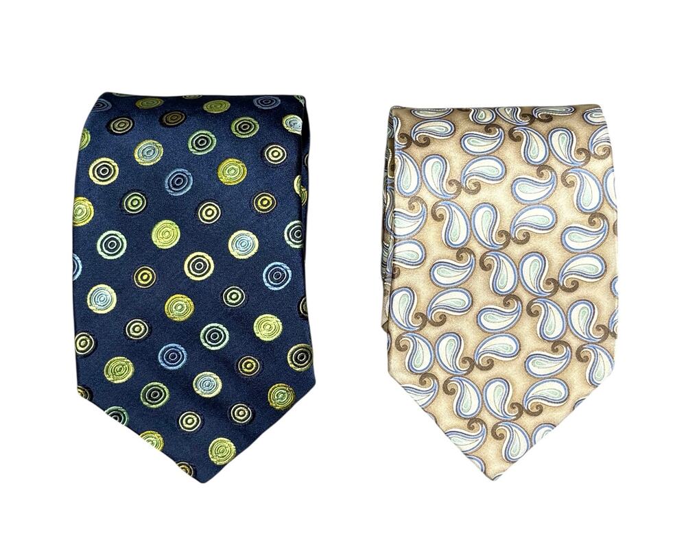 Ted Baker 100% Silk Ties Set of 2 Bundle Lot Polka Dot Paisley Navy Blue Cream